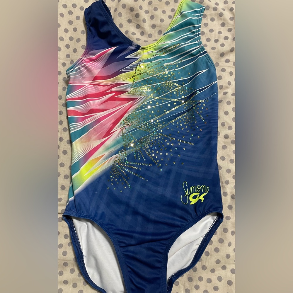 GK Simone Biles Leotard. Blue and Pink Bodysuit with Dynamic Burst Design